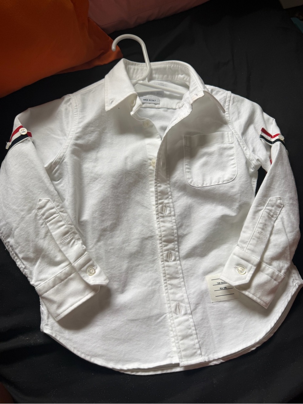 Thom Browne White Button-Down Shirt with Red & Navy Sleeve Stripes